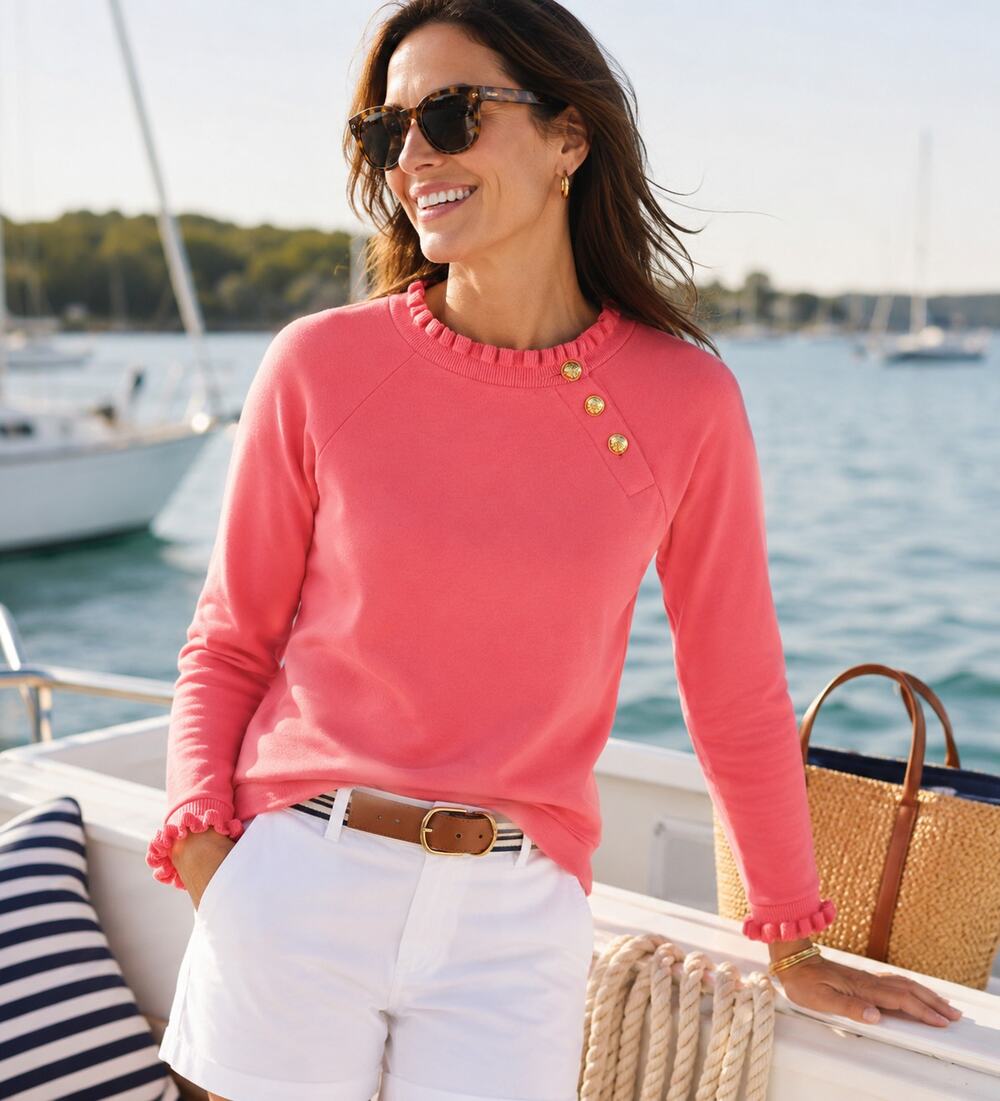 Talbots SZ L 100% Cotton Ruffle Trim Raglan Sweatshirt Coral Pink Gold Buttons